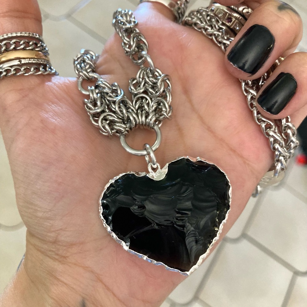 Handmade Genuine black obsidian heart charm maille silver boho choker necklace - Picture 7 of 11